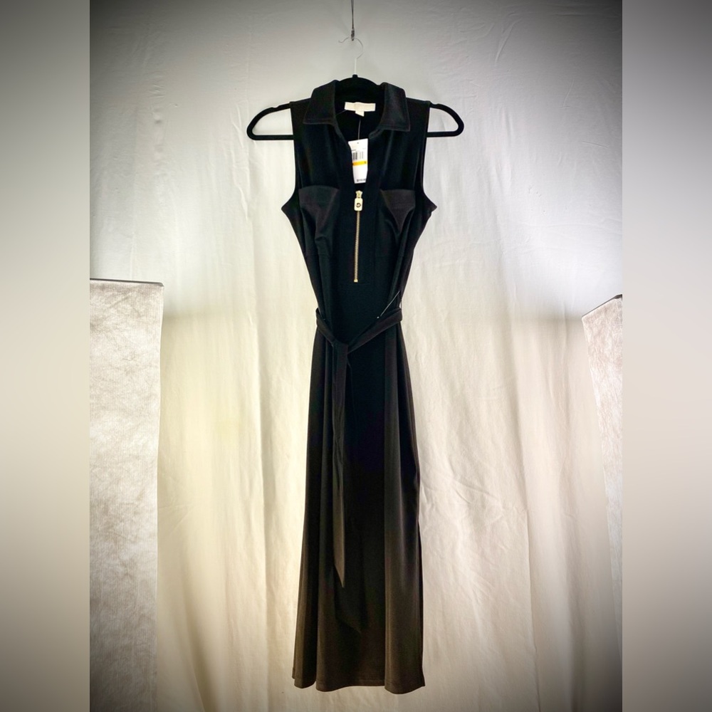 Michael Kors Dress , ankle length ,  black with front pockets , belt and zips